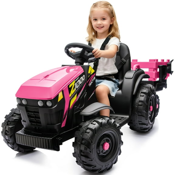 Hikiddo 24 Volt Ride on Toys, Kids Electric Ride On Tractor with Trailer - Pink