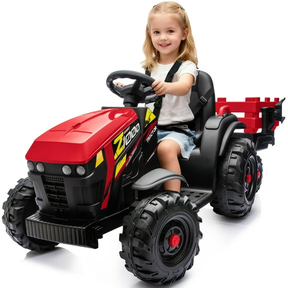 Hikiddo 24 Volt Ride on Toys, Kids Electric Ride On Tractor with Trailer - Red