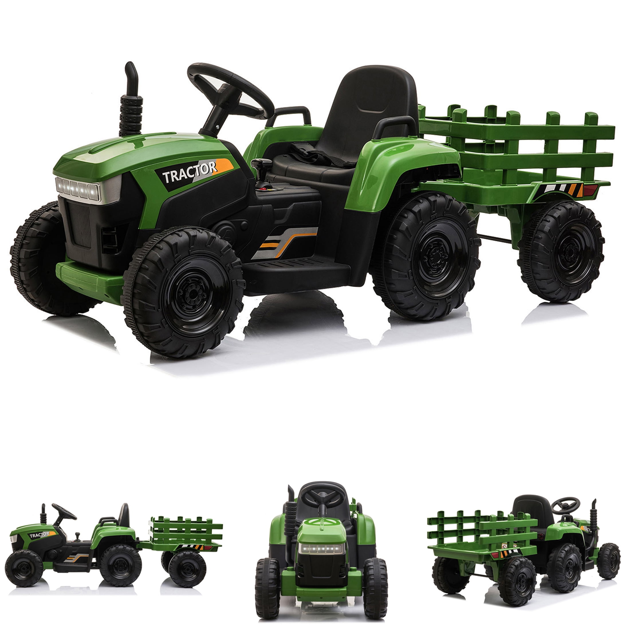 12V Green Ride-On Tractor with Trailer and LED Lights