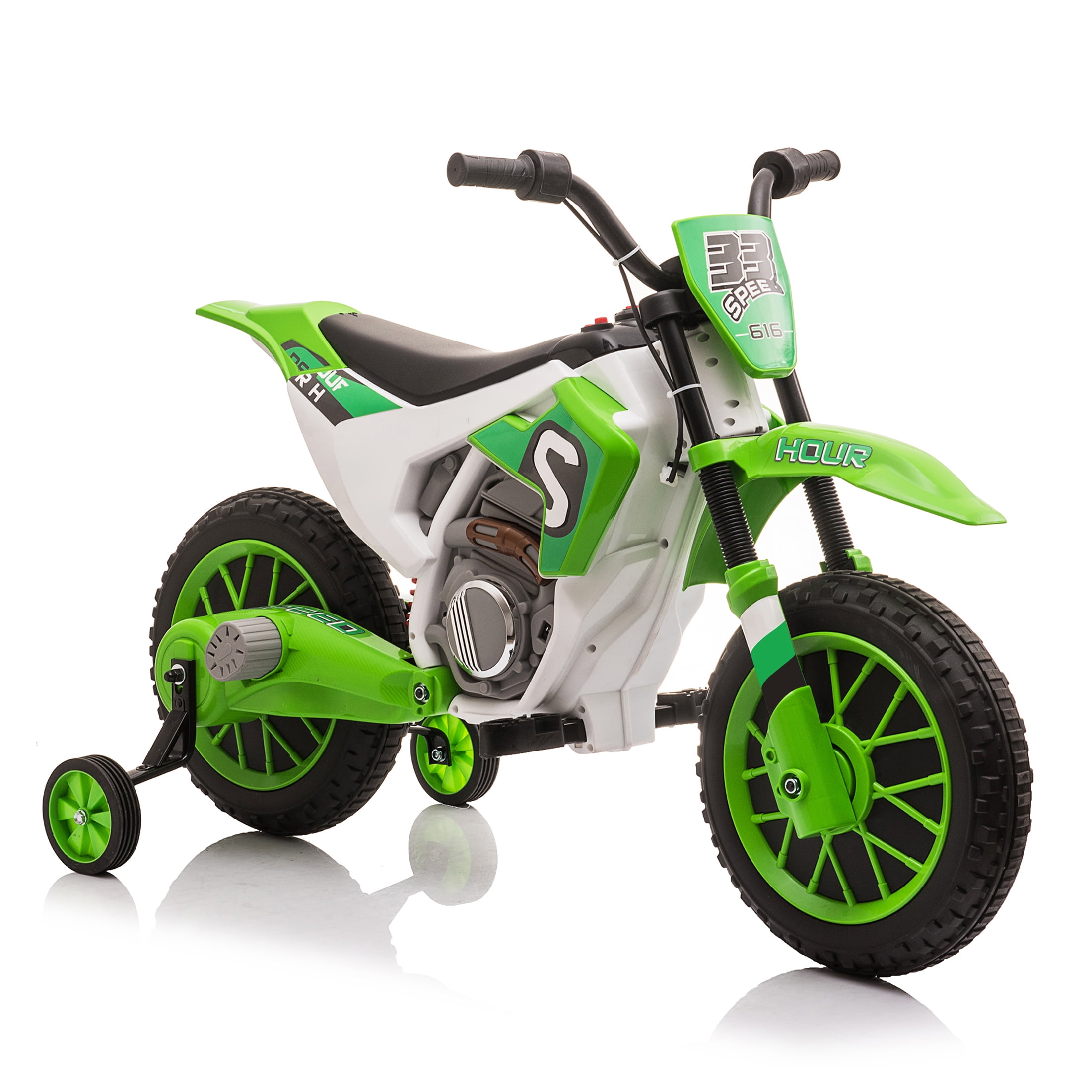 Green 12V Battery-Powered Kids Motorcycle with Training Wheels