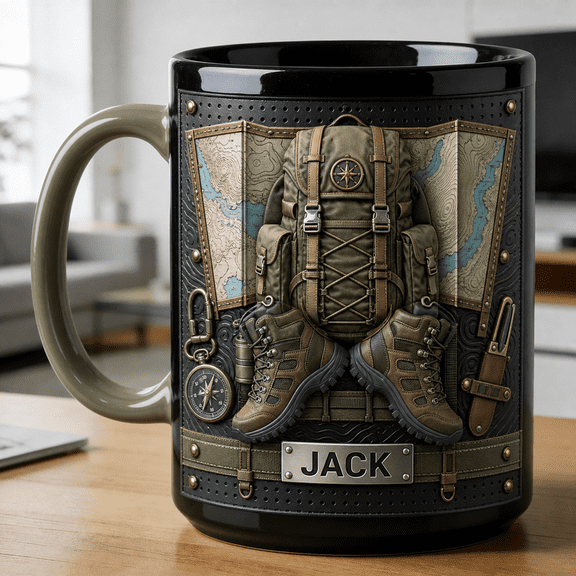 Hiking Adventure Custom Mug for Dad, Personalized Accent Mug with Backpack Map Boots Design