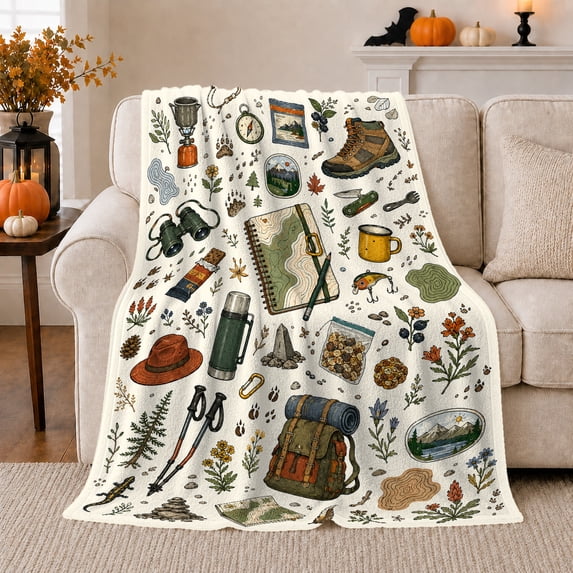 Hiking Adventure Essential Gear Scattered Pattern Whimsical Hand-Drawn, Peaceful Mountain Lake Scene, Warm Flannel Blanket for Cabin and Lodge, Outdoor Lovers Christmas Gift, Festive Home Decor
