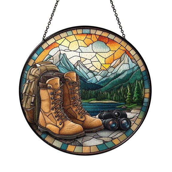 Hiking Adventure Stained Glass Sign – Outdoor Window Hanging for Cabin or RV Decor