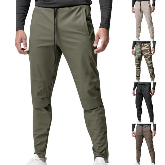 Hiking Pants for Men Drawstring Elastic Waist Multi-Pocket Slim Trousers Outdoor Fitness Pants