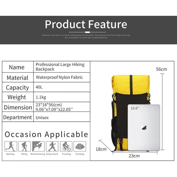 Hiking Backpack,30L +10L Extra Large Capacity Hiking Bag,Internal Frame Camping Backpack,Upgraded X-PAC Lightweight Sport Daypack Travel Backpacks Fit For Mountain Climbing Camping (Yellow)