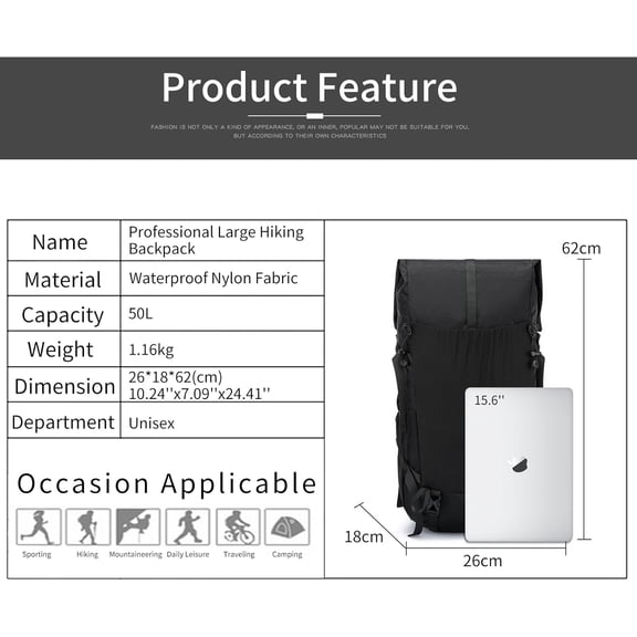 Hiking Backpack,40L to 50L Extra Large Capacity Hiking Bag,Internal Frame Camping Backpack,Upgraded X-PAC Lightweight Sport Daypack Travel Backpack Fit For Mountain Climbing Camping(Black)