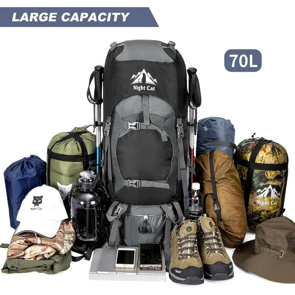 Hiking Backpacks 70L Camping Backpacking Packs for Men Women Lightweight Outdoor for Mountaineering Traveling, No Internal Frame