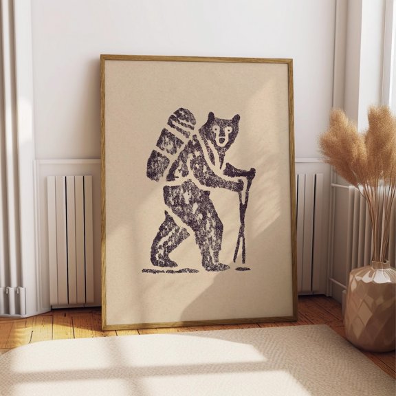Hiking Bear Drawing Poster Backpacking Bear Art Minimalist Camping Illustration Outdoor Adventure Wall Decor Unframed Paper Print