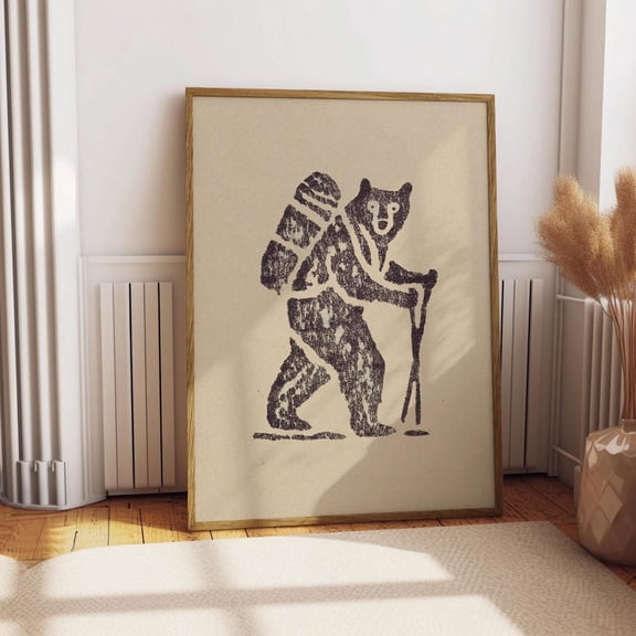 Hiking Bear Drawing Poster, Funny Backpacking Bear Art Print, Minimalist Camping Illustration, Outdoor Adventure Wall Decor Size 24x36 Unframed Poster