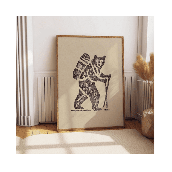 Hiking Bear Drawing Poster Funny Backpacking Bear Poster Minimalist Camping Illustration Outdoor Adventure Wall Decor
