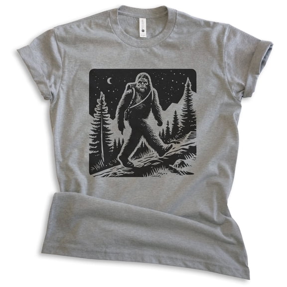 Hiking Bigfoot T-shirt, Unisex Women's Men's Shirt, Funny Bigfoot Hiking Camping Outdoors Sasquatch, Dark Heather Gray, Small
