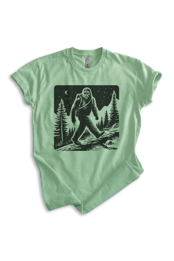 Hiking Bigfoot T-shirt, Unisex Women's Men's Shirt, Funny Bigfoot Hiking Camping Outdoors Sasquatch, Heather Apple Green, Medium