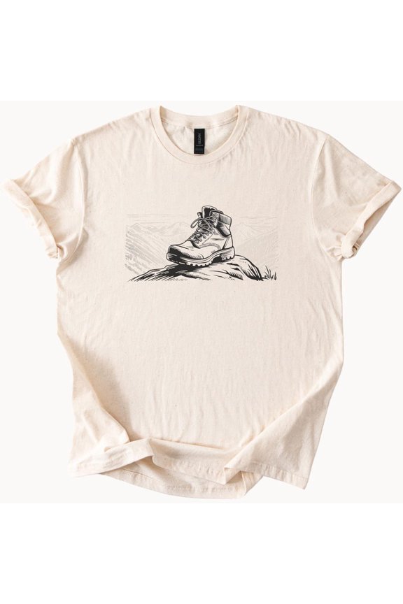 Hiking Boot Graphic Tee Outdoors Adventure Shirt Mountain Climb T-Shirt Birthday Gifts; For Men & Women
