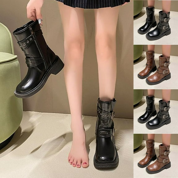 Hiking Boots Women TKYCMSUAKI Mid Calf Boots for Women Riding Ankle Boots Round Toe Low Chunky Heel Short Boots Fashion Fall Winter Combat Booties Buckle Style Dress Boots with Zipper