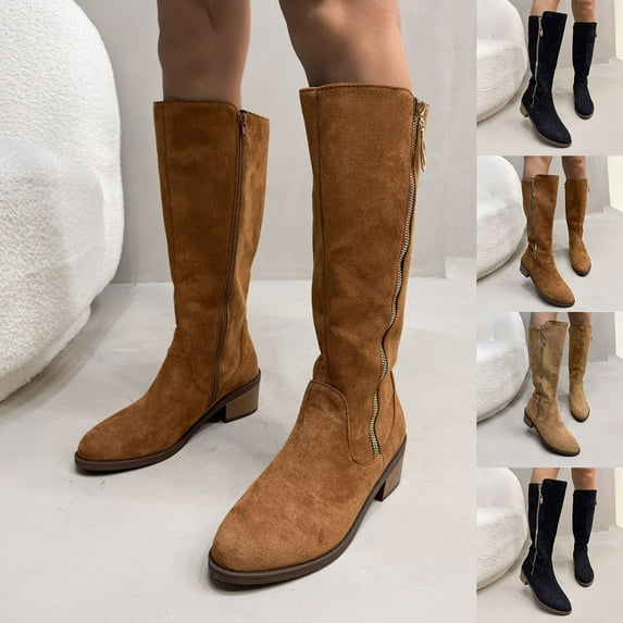 Hiking Boots Women TKYCMSUAKI Women's Faux Suede Knee High Boots Side Zipper Flat Low Heel Boot Shoes Pointed Toe Stretch Pull On Winter Boots