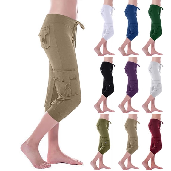 Hiking Capris for Women Slim Fit Low Rise Drawstring Cargo Capris Stretchy Lounge Capris with Button Pockets Khaki M