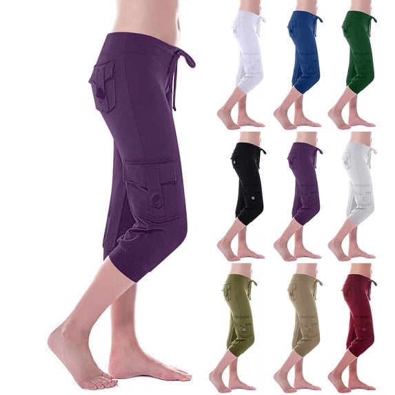 Hiking Capris for Women Slim Fit Low Rise Drawstring Cargo Capris Stretchy Lounge Capris with Button Pockets Purple XL