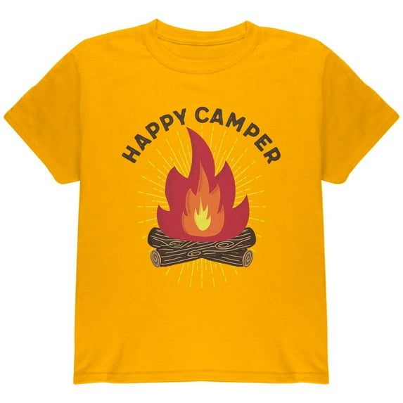 Hiking Happy Camper Campfire Youth T Shirt Gold Youth X-SM