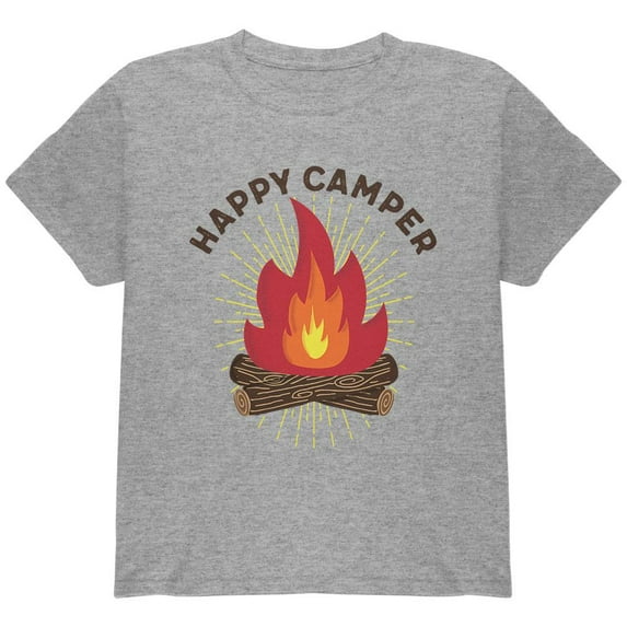 Hiking Happy Camper Campfire Youth T Shirt Heather YSM