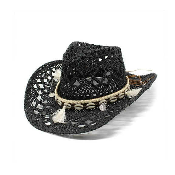 Women Men Summer Western Cowboy Hat Shapeable Straw Hat Hollowed Out Sun Hat