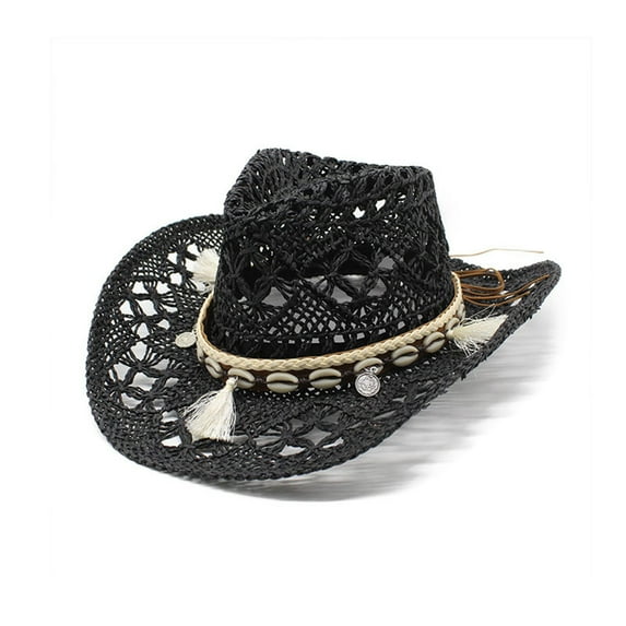 Women Men Summer Western Cowboy Hat Shapeable Straw Hat Hollowed Out Sun Hat