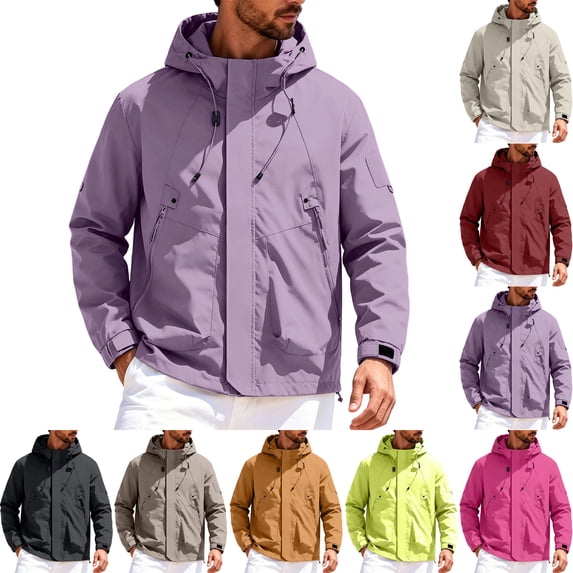 Hiking Hooded Jacket for Men,Waterproof Windbreaker Lightweight Packable Rain Jacket,Multi Pockets,Outdoor Sports Use