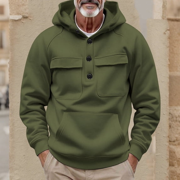 Hiking Hoodies for Men with Pockets and Button Pullover Fleece Lined Sweatshirts Mens Casual Solid Color Long Sleeve Thermal Warm Work Hoodie Tops