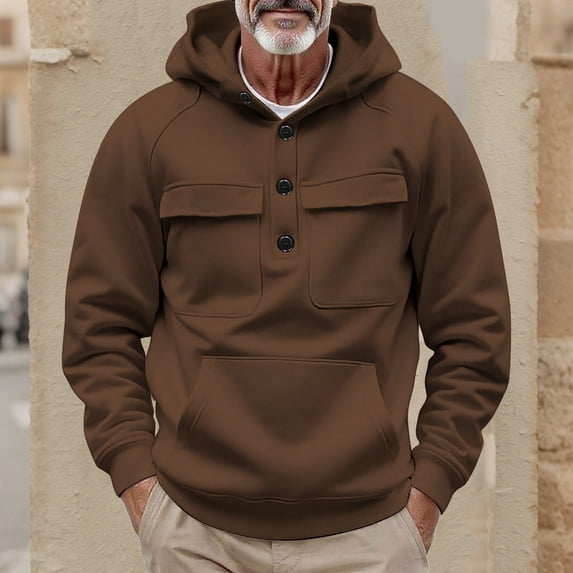 Hiking Hoodies for Men with Pockets and Button Pullover Fleece Lined Sweatshirts Mens Casual Solid Color Long Sleeve Thermal Warm Work Hoodie Tops