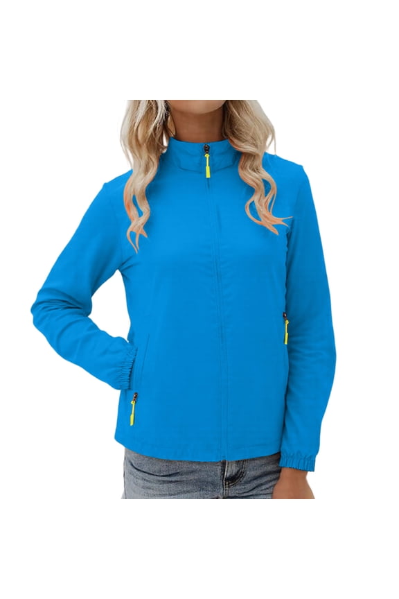 Hiking Jackets Women Plus Size Zip Up Windbreaker Waterproof Jacket Solid Color Long Sleeve Hoodies with Pockets Blue 2XL