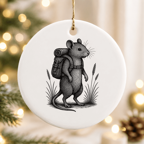 Hiking Mouse Backpacking Cottagecore Wildlife Nature Christmas Ornament, Outdoor Lover Holiday Gift, Ceramic Ornament