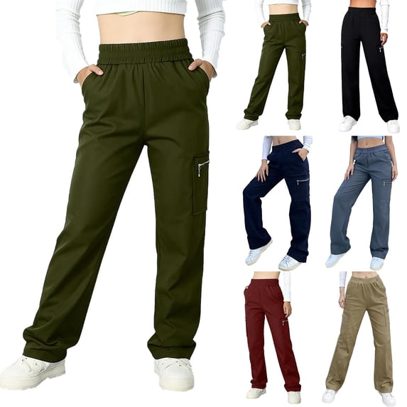 Hiking Pants Authentics Womens Relaxed Fit Stretch Cargo Pant Cargo Pants for Women Ladies' High-Waisted Work Pants With Zippered Pockets Street Style Loose Straight Cut Floor-Length Gray S