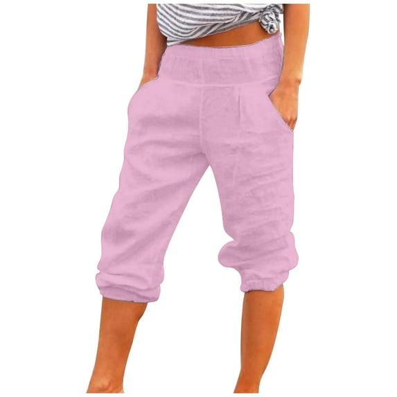 Hiking Pants New Women's Capris Pants 2025 Summer Casual Loose Fitting Capris Elastic Waist Cotton Linen Straight Leg Cropped Trousers High Waisted Pants for Women Pinky XL