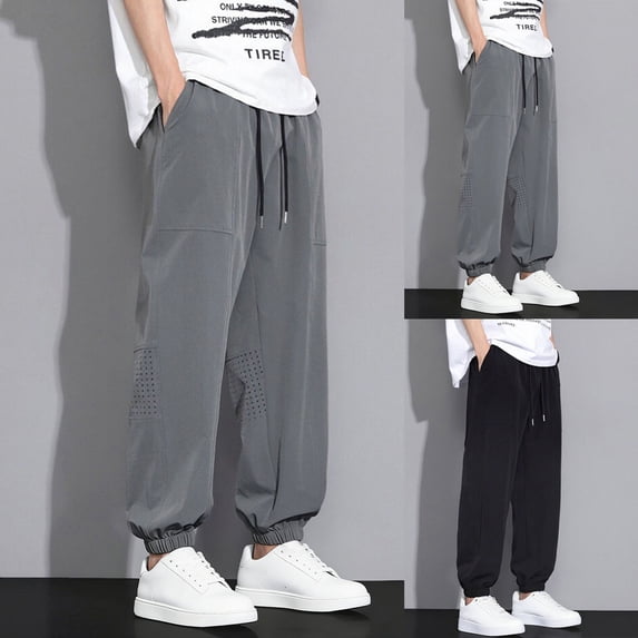 Hiking Pants Men Men's Ice Silk Drawstring Solid Color Elastic Waist Cropped Mesh Pants Dark Gray 4Xl