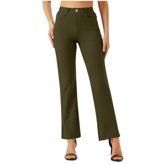 Hiking Pants Women, Women's Solid Color Elastic Waist Work Office Straight Leg Casual Pants Women High Waisted Pants (Olive Green,XL)