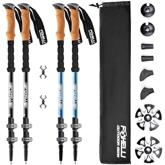 Hiking Poles Bundle (2 Pairs) Black & Blue Collapsible Lightweight Aircraft-Grade Aluminum Trekking Poles with Accessories$$Sport & Recreation Other