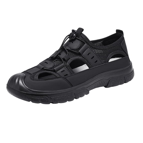 Hiking Sandals For Men Closed Toe Outdoor Walking Sandals Breathable Hollow Mesh Leather Splicing Quick Adjust Drawstring Casual Walking Shoes Thick Non Slip Sole Fisherman Sandal