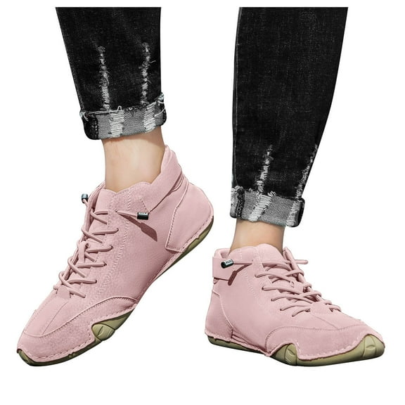 Hiking Shoes for Women Men Leather Non Slip Casual Mid Top Flats Fashion Sneakers Waterproof Stitched Barefoot Zero Drop Walking Trekking Ankle Booties