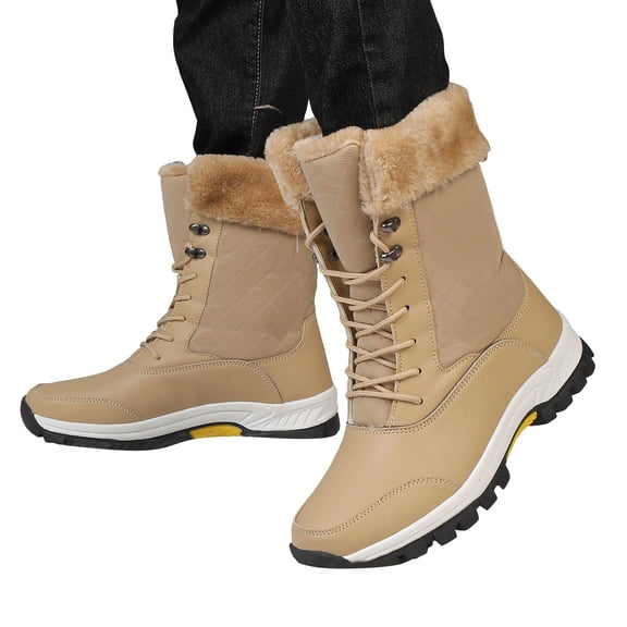 Hiking Snow Boots for Women Waterproof High Top Lace up Thickened Warm Plush Lace up Winter Outdoor Antislip Mid Calf Booties Khaki Size 6.5