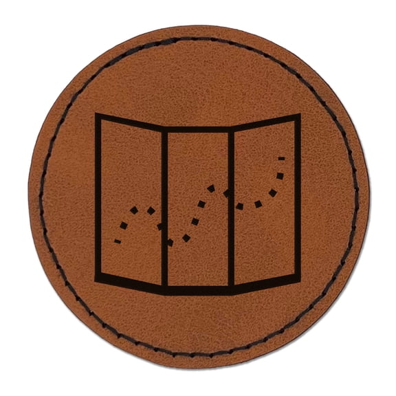 Hiking Trail Travel Map Icon 2.5" Faux Leather Round Engraved Iron-On Patch - Brown