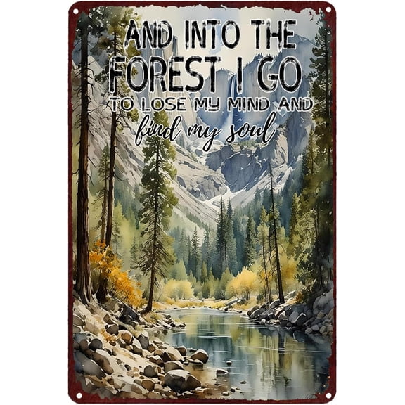 Hiking Vintage Metal Wall Sign, Into The Forest Quote Tin Sign for Home Garden Bar Cafe Office Store Decor, 8 x 12 Inch