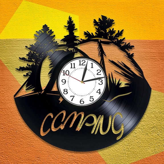 Hiking Vinyl Record Wall Clock Camping Vinyl Clock for Woman Tent Handmade Products Camping Birthday Gift Idea for Boy Hobby Original Home Decor