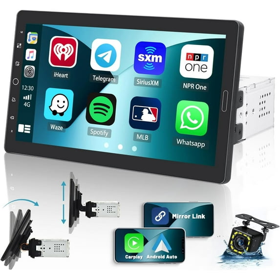 Hikity Single Din Car Stereo with Carplay and Android Auto 10.1'' Movable IPS Touch Screen Car Audio Receiver with Bluetooth FM Mirror Link Backup Camera SWC AUX