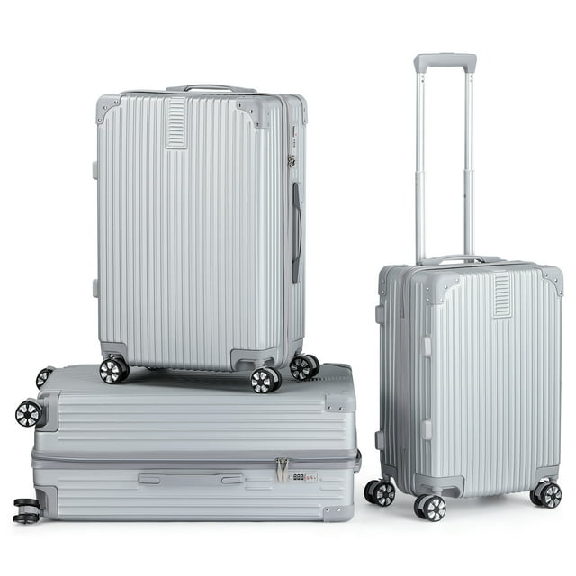Hikolayae Border Collection Hardside Spinner Luggage Sets in Argent Silver, 3 Piece - TSA Lock