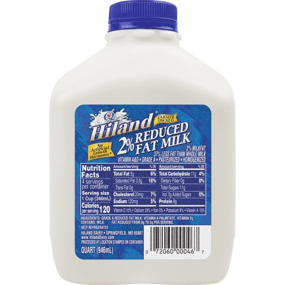 Hiland 2% Reduced Fat Milk, Quart, 32 Fl Oz