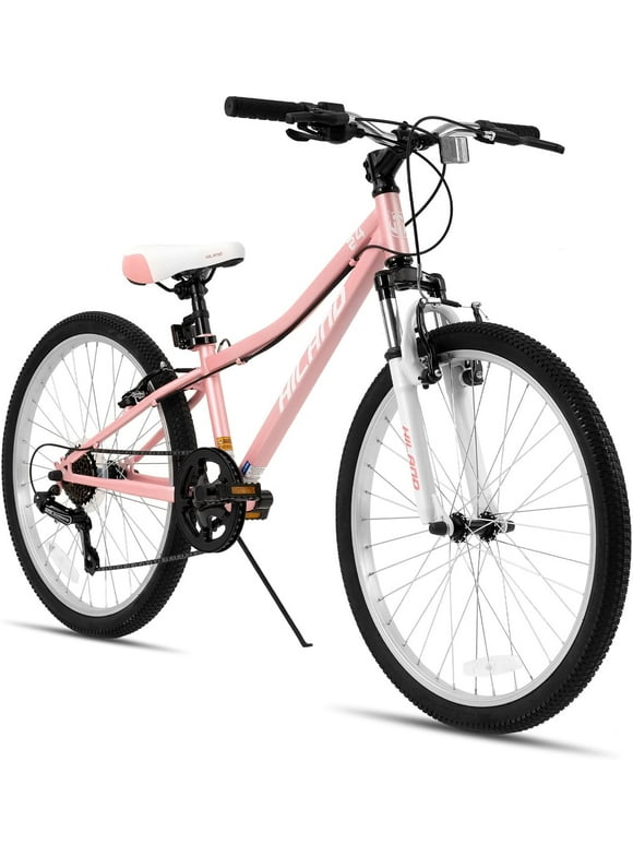 Hiland 24 inch Mountain Bike Shimano 7 Speeds for Teenager with Suspension Fork, Mint Pink