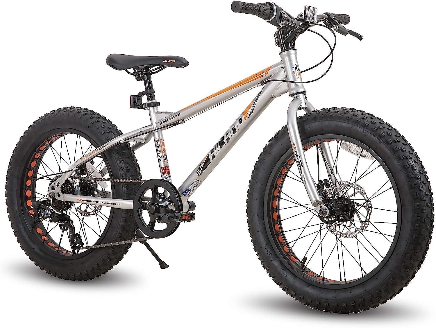 Hiland Kids Fat Tire Bike, Shimano 7-Speed, Dual-Disc Brakes, 20 inch Kids Trail Mountain Bike for Boys Girls, Silver