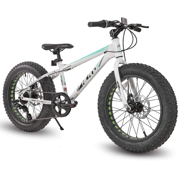 Hiland Kids Fat Tire Bike, Shimano 7-Speed, Dual-Disc Brakes, 20 inch Kids Trail Mountain Bike for Boys Girls, White