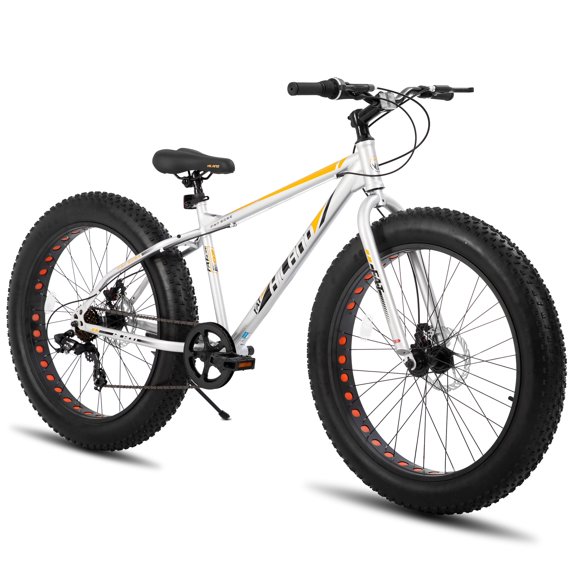 Hiland Fat Tire Bike, Shimano 7-Speed, Dual-Disc Brakes, 26 inch Trail Mountain Bike, Silver