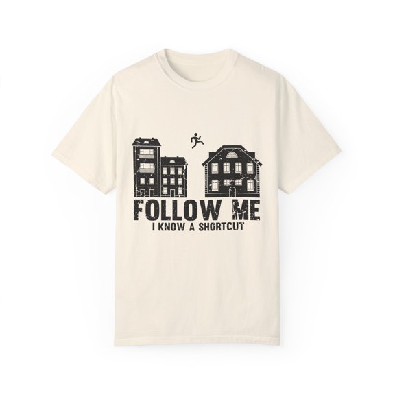 Hilarious Acrobatics Athletic Triathlon Freerunner Jumps Novelty Artistic Acrobatic Roof to Roof Jumpers Unisex Garment-Dyed T-shirt