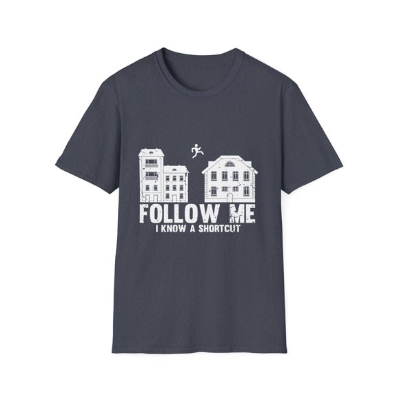 Hilarious Acrobatics Athletic Triathlon Freerunner Jumps Novelty Artistic Acrobatic Roof to Roof Jumpers Unisex Softstyle T-Shirt